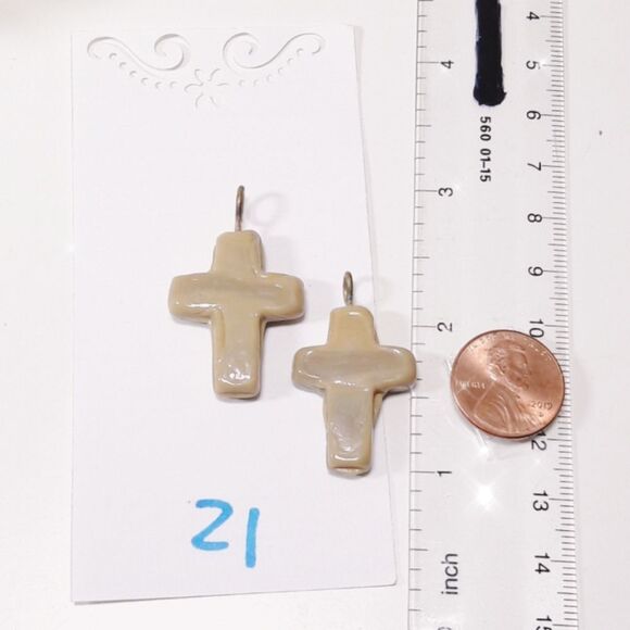 Boho Earrings  021L# Mocha Cross Pressed Glass on brass metal - Picture 2 of 4